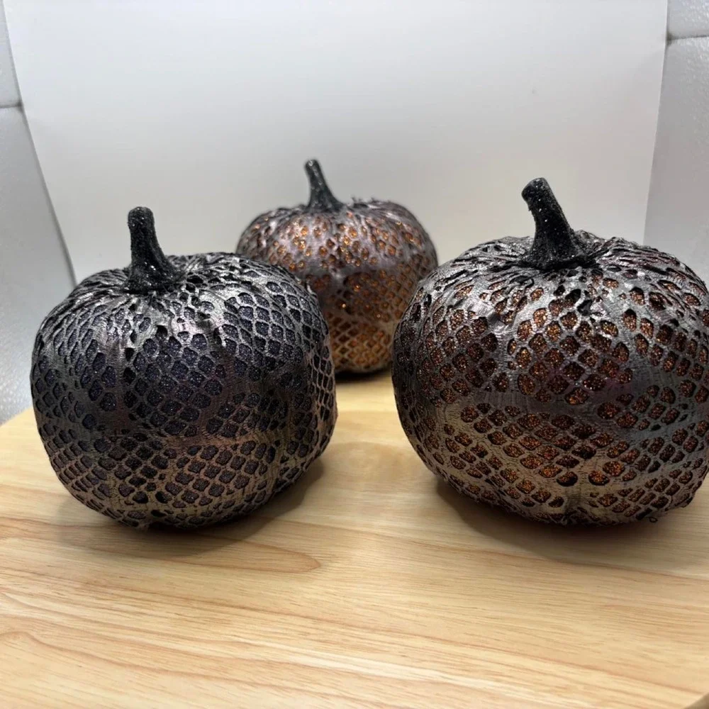 Set of 3 Halloween Gothic Mesh Sparkle Snakeskin Pumpkins Brown Black 5in